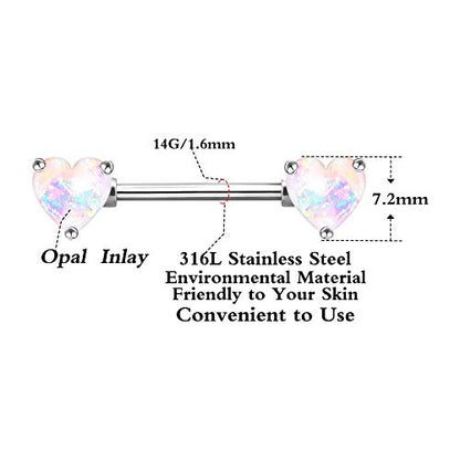 2PCS 14G Nipple Bars 316L Stainless Steel Nipple Barbell Ring Clear CZ Heart Nipple Rings Nipple Piercings Jewelry for Women - color: silver