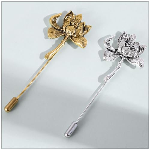 Dreuyet Simple Gold Silver Plated Long Brooch Pins with Cute Animal Antlers Leaves Plant Bees Rabbits Rose Flower Feather Brooch Jewelry for Women Men Elegant Suit Collar Lapel Pin - style: Lotus