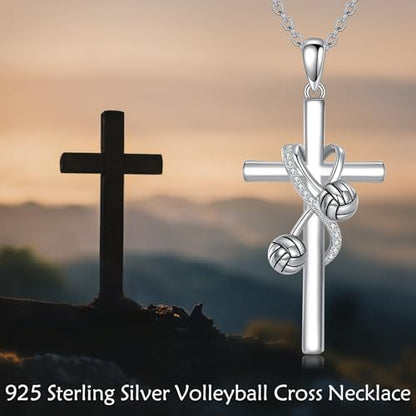 POPLYKE Cross Necklace for Women 925 Sterling Silver Cross Pendant Necklace Animal Jewelry Christmas Gifts for Women Mother Grandma - style: volleyball