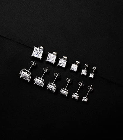 Tornito 6 Pairs 20G Stainless Steel Stud Earrings Square Cubic Zirconia Earring Set For Men Women 3MM-8MM Silver Tone - style: B:6 Pairs,Square CZ