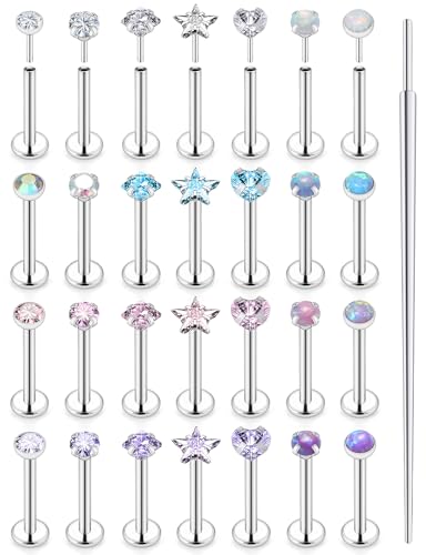 20G 18G 16G Threadless Lip Labret Nose Rings Studs Flat Back Earrings 316L Surgical Steel Snake Bites Lip Medusa Monroe Rings Push in Cartilage Tragus Helix Conch Earrings Studs 6mm 8mm 10mm - color: Silver-16G（1.2mm)-7mm Bars-3mm CZ