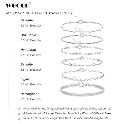 Wgoud Waterproof Gold Bracelets for Women Trendy, Dainty 14K Real Gold Plated Fashion Stackable Bracelet Sets for Women Thin Cuban Link Paperclip Chain Bracelets Layered Gold Jewelry Sets Gifts for Womens - color: 6Pcs Silver Bracelet A