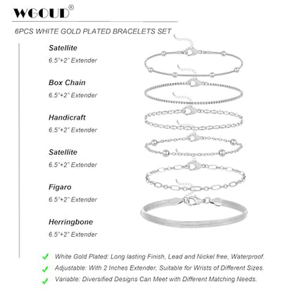 Wgoud Waterproof Gold Bracelets for Women Trendy, Dainty 14K Real Gold Plated Fashion Stackable Bracelet Sets for Women Thin Cuban Link Paperclip Chain Bracelets Layered Gold Jewelry Sets Gifts for Womens - color: 6Pcs Silver Bracelet A