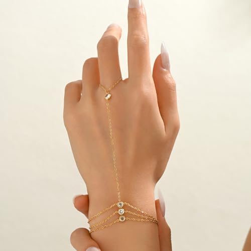 Gold Hand Chain Bracelet for Women 18K Gold Plated Stainless Steel Ring Bracelet Hand Chain with Pearl Star CZ Adjustable Hand Jewelry Chain Gifts - color: Y 3Layered CZ-Gold
