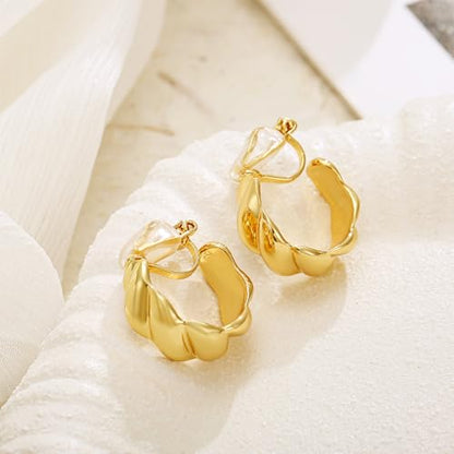 Chunky Gold Clip On Earrings for Women Twisted Hoop Earrings Hypoallergenic Non Pierced Ears Hoops Jewelry