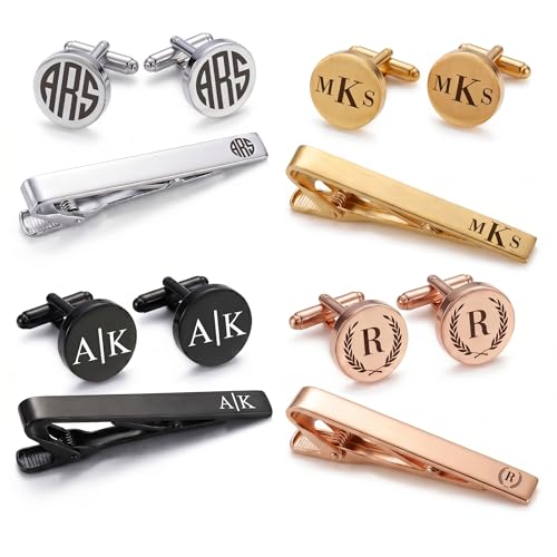 Custom Monogram Cufflinks for Men – Personalized Cuff Links & Tie Clip Set with Engraved Wood Box – Wedding Gifts for Groom, Dad, Groomsmen, Father of the Bride - color: Black