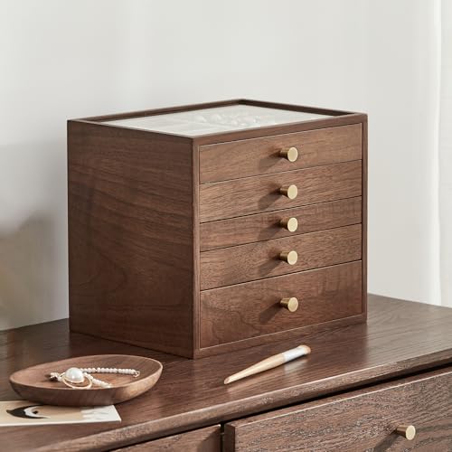 Black Walnut Wooden Women Jewelry Box with Glass Lid, 5 Layer | Large Wood Jewelry Drawer Organizer,Velvet-Lined, For Necklaces, Watch, Ring, Earring, Gift for Her - style: 5 Layer