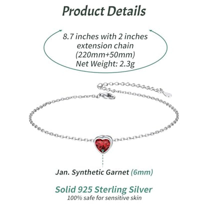 ChicSilver 925 Sterling Silver Anklets for Women, Simple Dainty Round/Heart Birthstone Ankle Bracelet Beach Foot Jewelry, 8.7-10.7 Inch Adjustable - color: 01. Heart - January(Garnet)