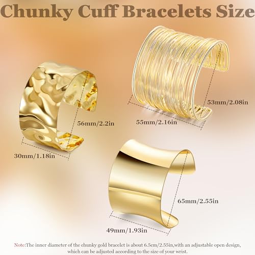 3Pcs Chunky Gold Cuff Bracelets Open Wide Bangle Bracelets Set for Women Minimalist Irregular Bracelet Statement Wrist Cuff Wrap Bracelet Jewelry - style: styleC gold