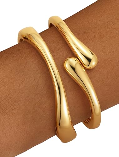 Chunky Gold Bangle Bracelets for Women – 14k Gold Plated | Cuff Bangles, Stackable Bracelet Set, Wide Trendy Fashion, Jewelry Gift - color: 04-Gold-2pcs