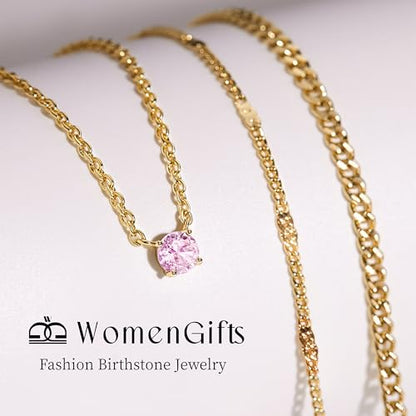 WomenGifts Layered Gold Necklaces for Women, 14K Gold Sterling Silver Plated Dainty Pendant Necklace Set Non Tarnish, Chunky Stackable Cuban Chain Choker, Trendy Birthstone Vacation Jewelry Gift - color: Gold, style: Cubic Zirconia-Created Pink Tourmaline