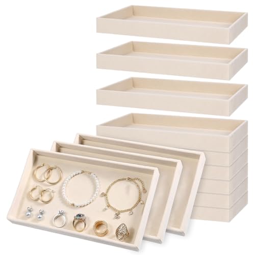 12 Pack Velvet Jewelry Trays, 8.3x5x0.9 Inches | Stackable Jewelry Organizer Inserts for Women, Beige Display Trays for Necklace Earring Ring Bracelet