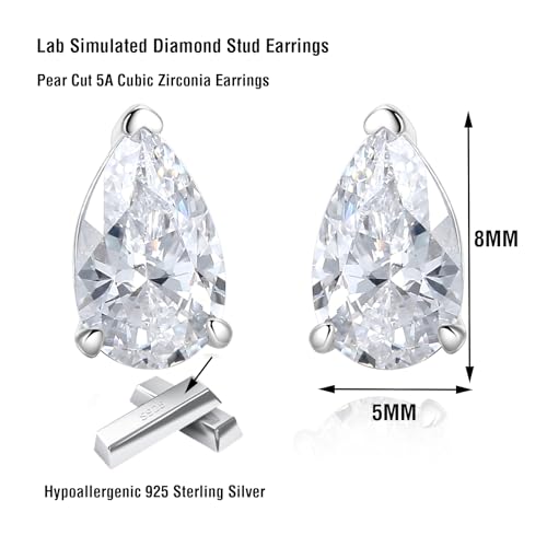 925 Sterling Silver 2-4 Carat Lab Simulation-Diamond Stud Earrings 5A Cubic Zirconia Stud Earrings Hypoallergenic White Gold Plated, Perfect Jewelry Gifts - style: Pear Cut 5x8MM