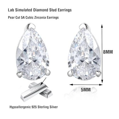925 Sterling Silver 2-4 Carat Lab Simulation-Diamond Stud Earrings 5A Cubic Zirconia Stud Earrings Hypoallergenic White Gold Plated, Perfect Jewelry Gifts - style: Pear Cut 5x8MM