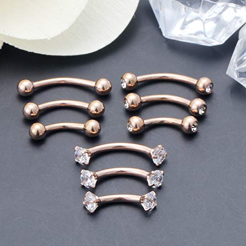 SCERRING 9-18PCS 16G Stainless Steel Eyebrow Tragus Helix Rook Daith Earrings Belly Lip Ring Clear Cubic Zirconia Barbell Body Piercing Jewelry 6mm 8mm 10mm - color: 9PCS - Rose Gold