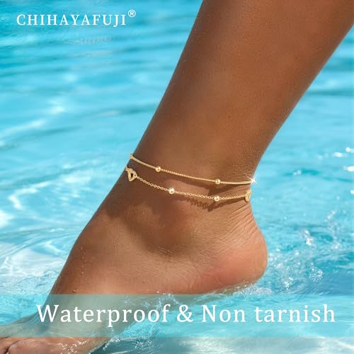 Sterling Silver Ankle Bracelets for Women 14k Gold Plated Waterproof Layered Stackable CZ Charm Non Tarnish Adjustable Anklet for Summer Beach Birthday Jewelry Gift - color: gold H