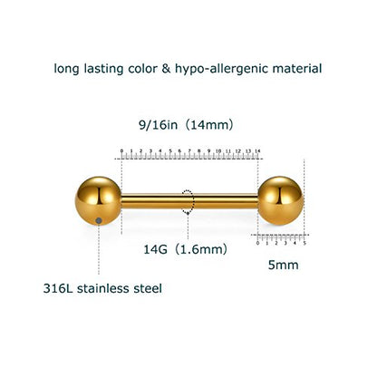 VCMART 12mm-18mm 14G Tongue Rings Nipple Straight Barbells Surgical Steel Body Piercing Jewelry - style: Style D -6pcs, gold
