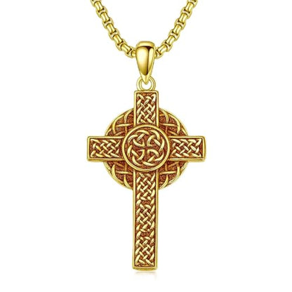 Celtic Cross Necklace For Men ，18K Gold Plated Celtic Cross Celtic Amulet Necklace Protection Jewelry Religious Gifts with 2.5mm 22"+2" Adjustable Rolo Chain - style: style2