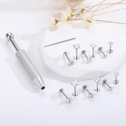 18G 16G Hypoallergenic Surgical Stainless Steel Internal Thread Tragus Labret Cartilage CZ Stud Piercing Jewelry Helix Cartilage Conch Nose Lip Labret Medusa Piercingenic Be Equipped With Piercing Ball Grabber Tool Flat Back Stud Earrings for Women Men -