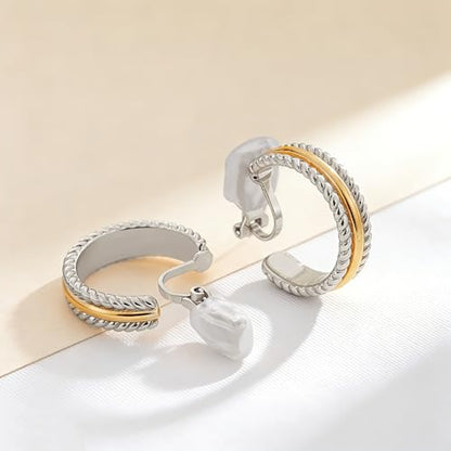 Clip on Earrings for Women Silver and Gold Plated Twisted Rope Hoops Non Pierced C Hoop Earring Lightweight Two Tone Clips Mixed Metal Jewelry Gifts - color: Twisted Hoop-silver&gold
