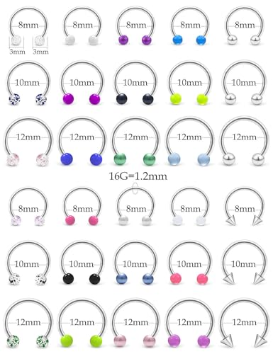 20G 18G 16G 14g Septum Rings Surgical Steel Horseshoe Nose Septum Rings Cartilage Helix Tragus Rook Daith Earring Hoop Lip Piercing Jewelry Retainer for Women Men - style: 16g-inner dia:8mm 10mm 12mm-3mm balls