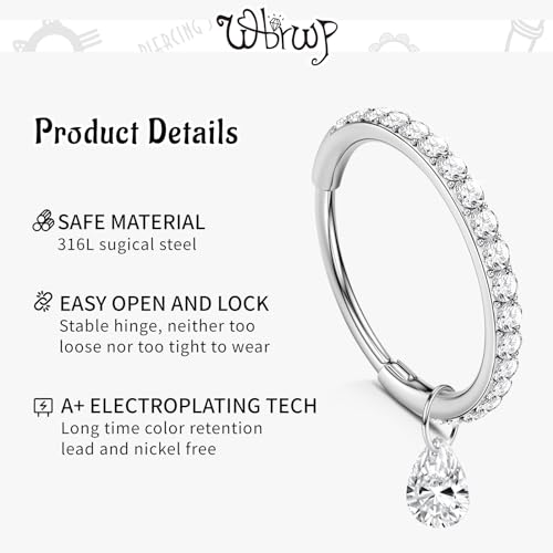 WBRWP 316L Stainless Steel Nose Hoop Rings Clicker with Zircon/Opal 14g-20g | Hypoallergenic Nose Rings Segment Clicker Lip Rings Cartilage Rook Conch Earrings Diameter 5mm-10mm - color: Silver ring with zircon and dangle-1pc pack