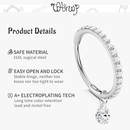 WBRWP 316L Stainless Steel Nose Hoop Rings Clicker with Zircon/Opal 14g-20g | Hypoallergenic Nose Rings Segment Clicker Lip Rings Cartilage Rook Conch Earrings Diameter 5mm-10mm - color: Silver ring with zircon and dangle-1pc pack