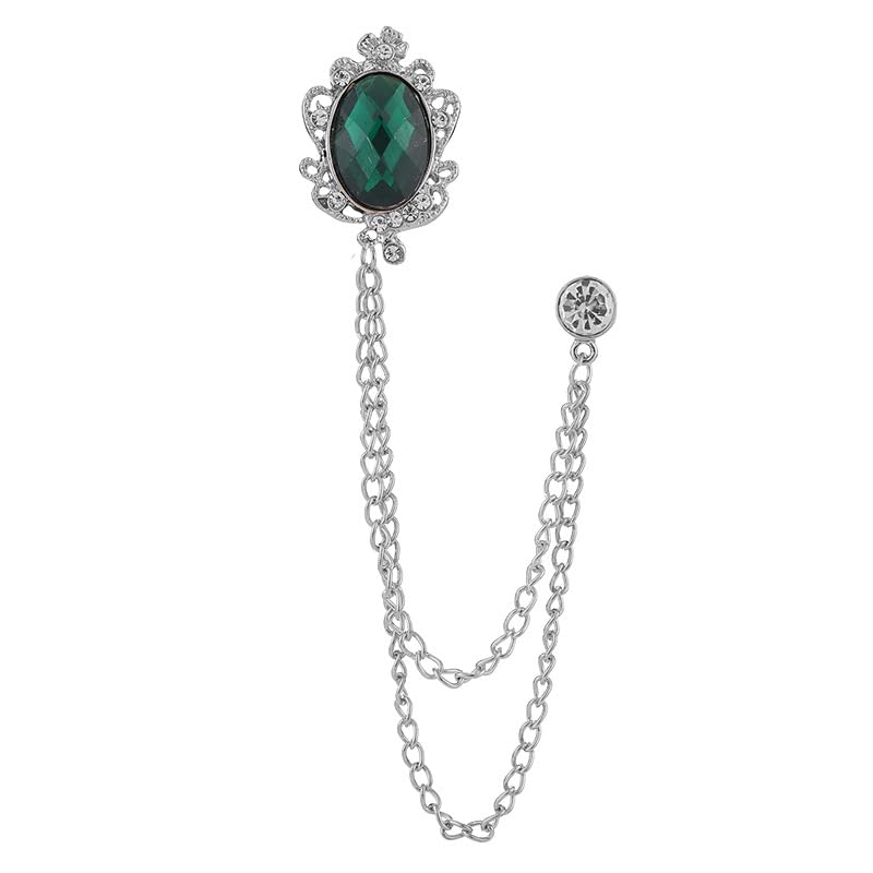 Men's Gem Tassel Brooch Lapel Pin Elegant Badge Hanging Chains Collar Brooches Pin for Career Suit Tuxedo of Shirts Tie Hat Scarf for Boyfriend Father Birthday - style: Silver with Green Crystal