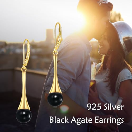 Sterling Silver Black Onyx Earrings for Women 18K Yellow Gold Plated Jewelry Gifts - style: Dangle with Ball Bead