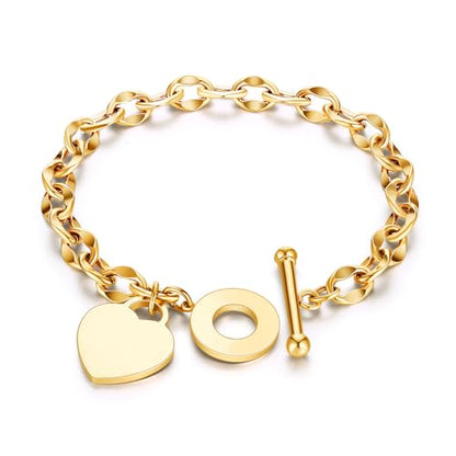 kelistom 316L Stainless Steel Love Heart Charm Bracelet for Women Romantic Gift Silver/Rose/18k Gold Plated OT Clasp Bracelets - color: heart polished-gold