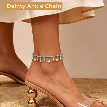 Yalice 925 Silver Plated Charm Chain Ankle Bracelets for Women Dainty Fringe Waterproof Anklets Boho Beach Wedding Foot Jewelry - color: Blue