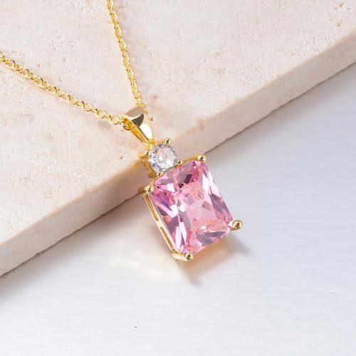 CiNily Rectangular Crystal Necklace for Women Trendy, Pendant Necklace with Chain 14K White Gold | Gold Plated Multicolor Birthstone Pendant Necklaces Boho Jewelry for Christmas Birthday Wedding - color: Gold-Pink cz