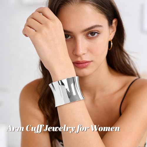 6 Pieces Upper Arm Cuff Arm Band Cuff Bangle Bracelet for Women Hammered Chunky Bracelets Open Wide Wire Bracelets Minimalist Coil Bangle Set Gold Sliver Wrist Cuff Wrap Bracelet Adjustable - color: Silver Cuff Bracelets B