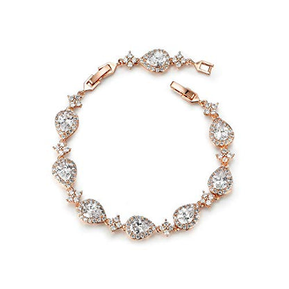 SWEETV Wedding Teardrop Bracelets for Brides Bridesmaids, Crystal Cubic Zirconia Bridal Bracelets for Women Prom - color: Rose Gold