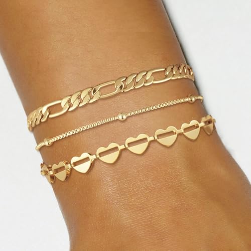 Gold Bracelets for Women Dainty 14K Gold Plated Stack Set Trendy Stackable Bracelets for Women Waterproof Adjustable Bracelet Stack Jewelry Birthday Gift