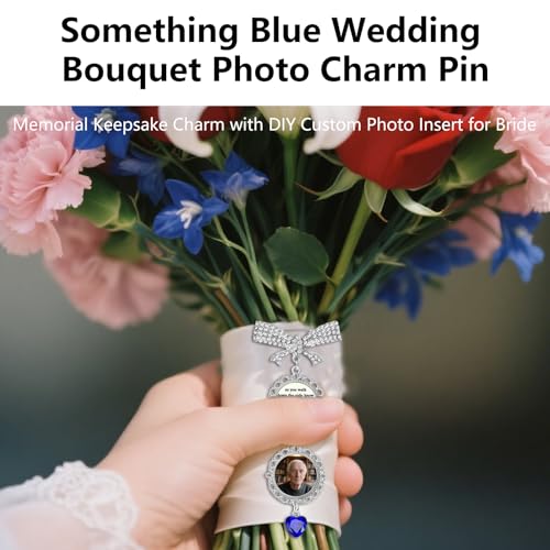 Bouquet Charms for Wedding Memory Something Blue Photo Charm Pin for Bride Memorial Locket with Picture from Mom and Dad Brooch Pins for Bridal Bouquet on Special Day or Graduation