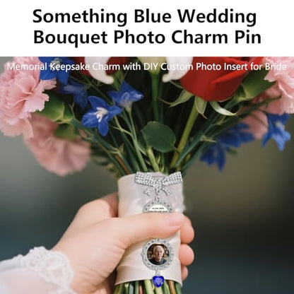 Bouquet Charms for Wedding Memory Something Blue Photo Charm Pin for Bride Memorial Locket with Picture from Mom and Dad Brooch Pins for Bridal Bouquet on Special Day or Graduation