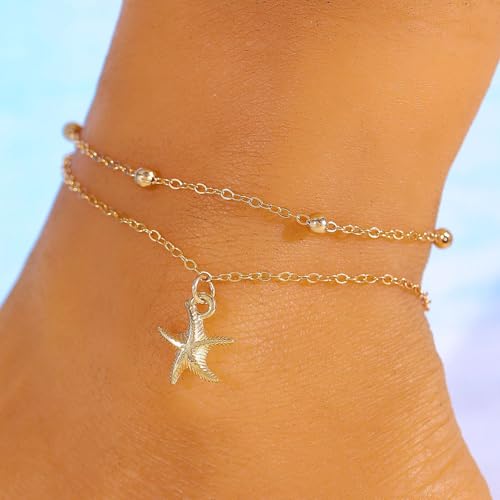 Gold Starfish Seashell Anklets Bracelets for Women Dainty Gold Layered Shell Link Chain Anklets Summer Conch Seashell Foot Bracelet Jewelry for Beach Vacation - color: gold5