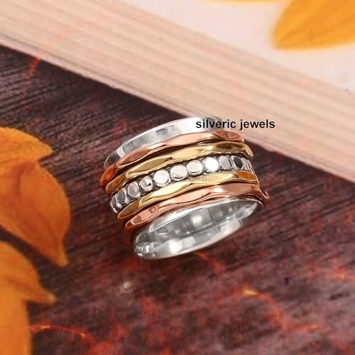 Solid 925 Sterling Silver Hammered Band Spinner Ring For Women Handmade Three Tone Fidget Anxiety Meditation Women Ring - size: 12.5