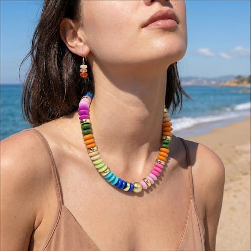 RISHEGAE Chunky Beaded Necklace for Women Boho Resin Beaded Choker Necklace Adjustable Surfer Beach Strand Necklaces Gold Handmade Acrylic Beads Jewelry Gift for Women - color: Style 4colorful