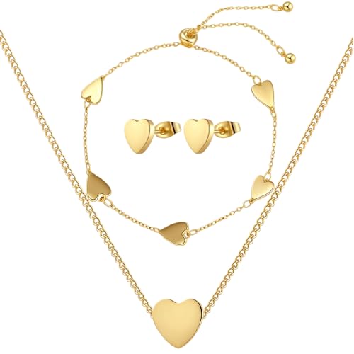 3 Pcs Heart Bow Snow Jewelry Set | Heart Necklace with Bracelet Earring, Snow Jewelry Set for Women, Bow Charms Toggle Gifts - color: Gold, style: Heart