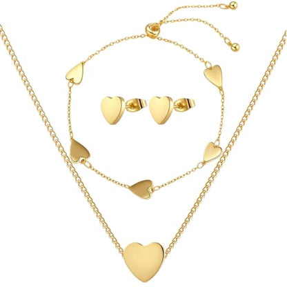 3 Pcs Heart Bow Snow Jewelry Set | Heart Necklace with Bracelet Earring, Snow Jewelry Set for Women, Bow Charms Toggle Gifts - color: Gold, style: Heart