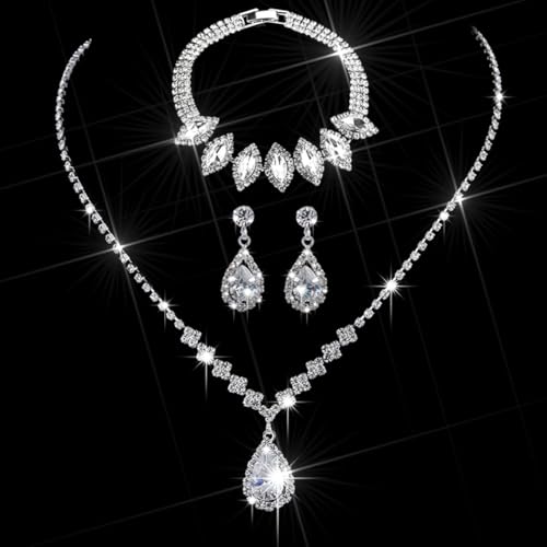 Unicra Bride Crystal Necklace Earrings Set Bridal Wedding Jewelry Sets Rhinestone Choker Necklace Prom Costume Jewelry Set for Women and Brides - color: E-3 Pack Silver Necklace Bracelet Earrings