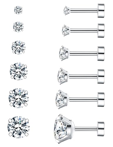6 Pairs Hypoallergenic Cubic Zirconia Earrings Surgical Steel Flat Back Studs for Cartilage, Screw Back Fashion Jewelry - color: A-001-Silver