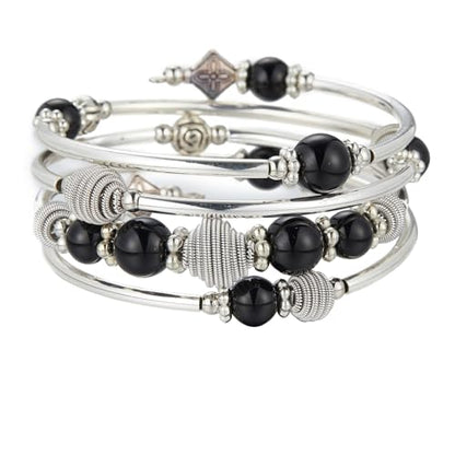PEARL&CLUB Beaded Chakra Bangle Turquoise Bracelet - Fashion Jewelry Wrap Bracelet with Thick Silver Metal and Mala Beads, Birthday Gifts For Women - color: Black