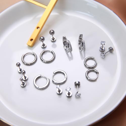 Stainless Steel Stud Earrings Set for Women Hypoallergenic Flat Back Cartilage Earrings Screw Back Huggie Hoop Earrings Multiple Piercing Cubic Zirconia Helix Tragus Jewelry - color: Set-C-Silver