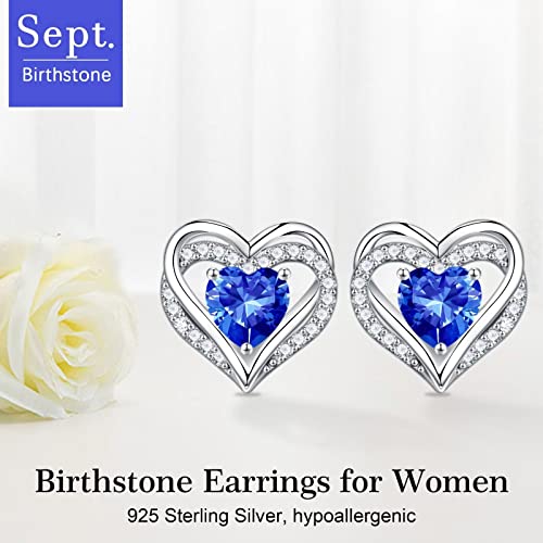Iefil Birthstone Earrings for Women - 925 Sterling Silver Heart Stud Earrings Birthday Gifts for Women - color: 09-Sept-Created Sapphire