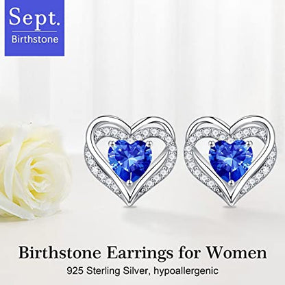 Iefil Birthstone Earrings for Women - 925 Sterling Silver Heart Stud Earrings Birthday Gifts for Women - color: 09-Sept-Created Sapphire