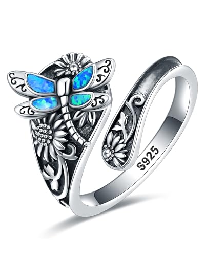 S925-Sterling-Silver Abalone Dragonfly-Turquoise Spoon Ring - Vintage Boho Sunflower Thumb Oxidized Wrap Rings Victorian Style Antique Floral Jewelry Gifts for Women - color: Dragonfly Ring （Blue Opal6#7#8#）