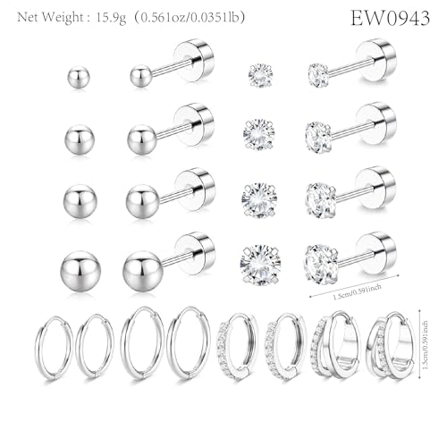 Stainless Steel Stud Earrings Set for Women Hypoallergenic Flat Back Cartilage Earrings Screw Back Huggie Hoop Earrings Multiple Piercing Cubic Zirconia Helix Tragus Jewelry - color: Set-C-Silver